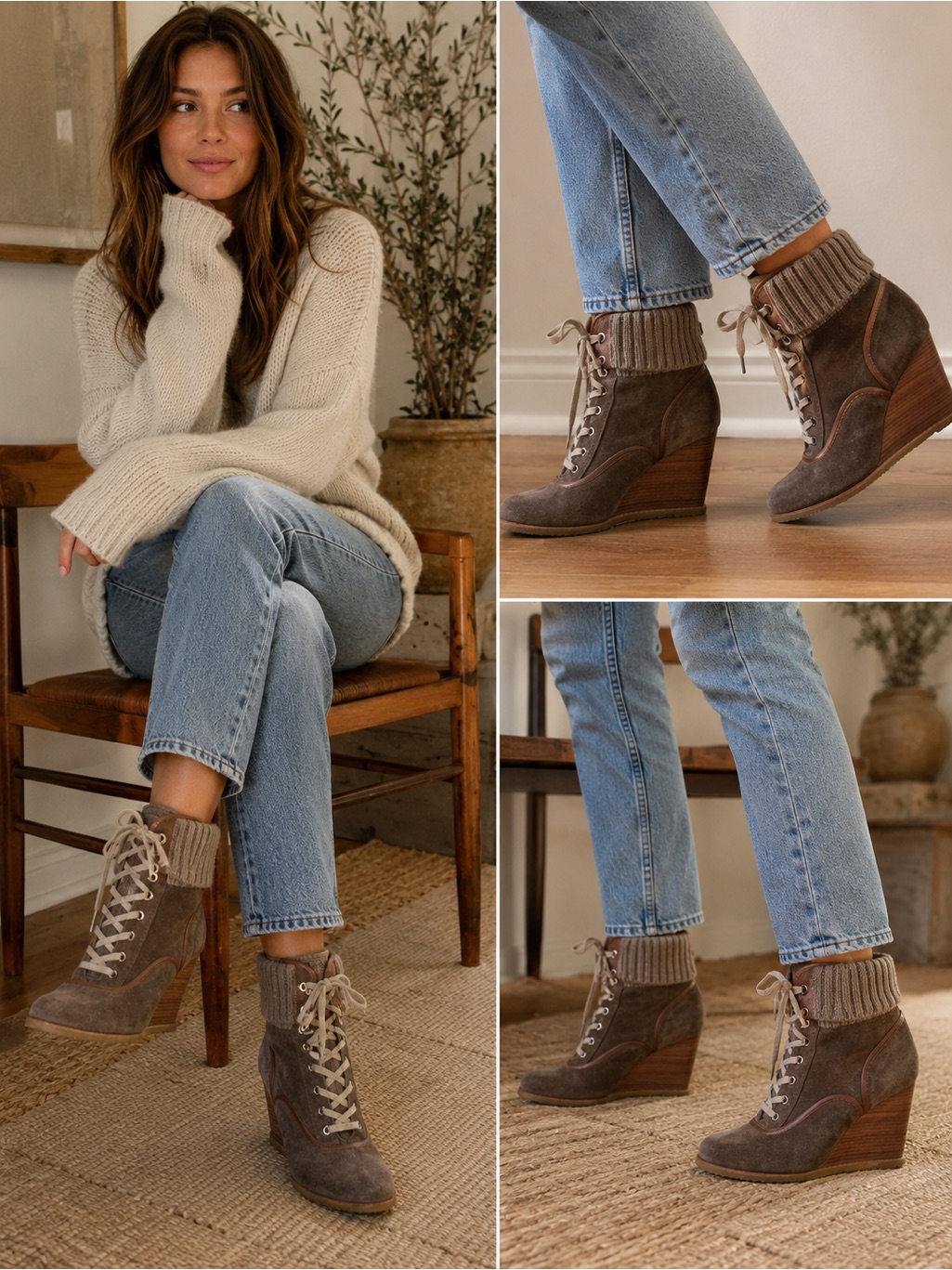 Chlo Brown Suede Knit Cuff Wedge Ankle Boots Lace Up Italy 36.5 Boho